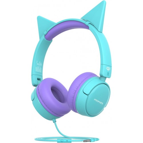 Promate Kids Headphones, On-Ear Foldable Wired Headset With Safe Volume Limited To 85dB, 3.5mm AUX Share-Port, 1.2m Tangle-Free AUX Cord, Detachable Cat Ears And Soft Earmuffs,Jewel